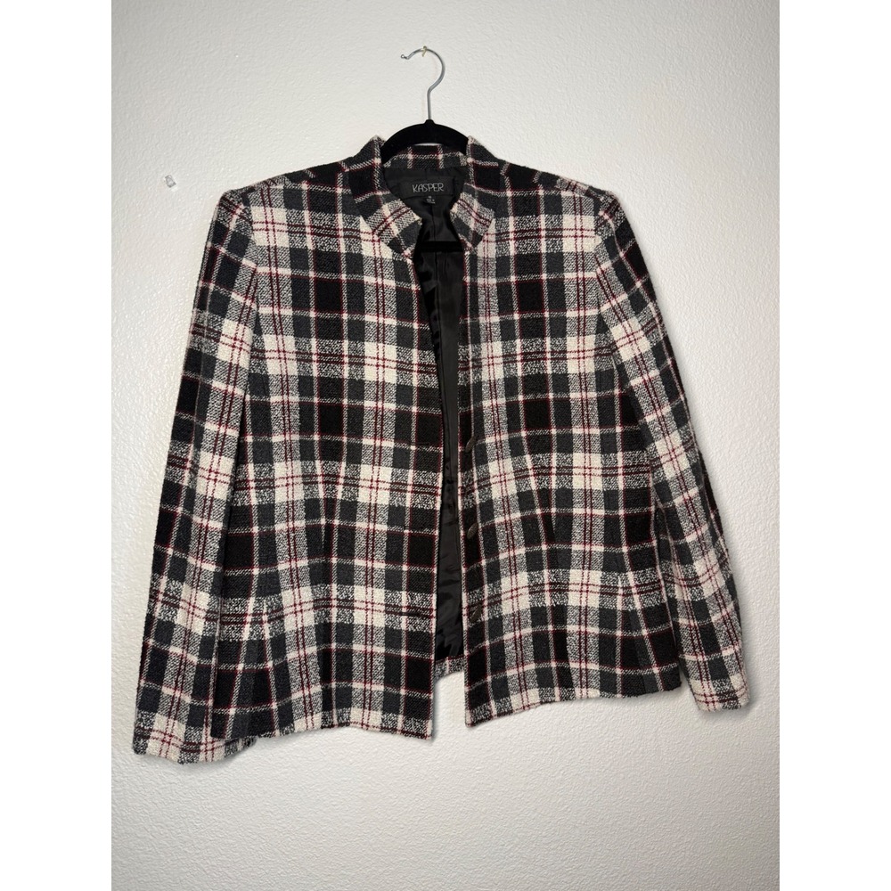 Kasper Womens Plaid Tweed Blazer Jacket Black White Red Wool Blend Size 18